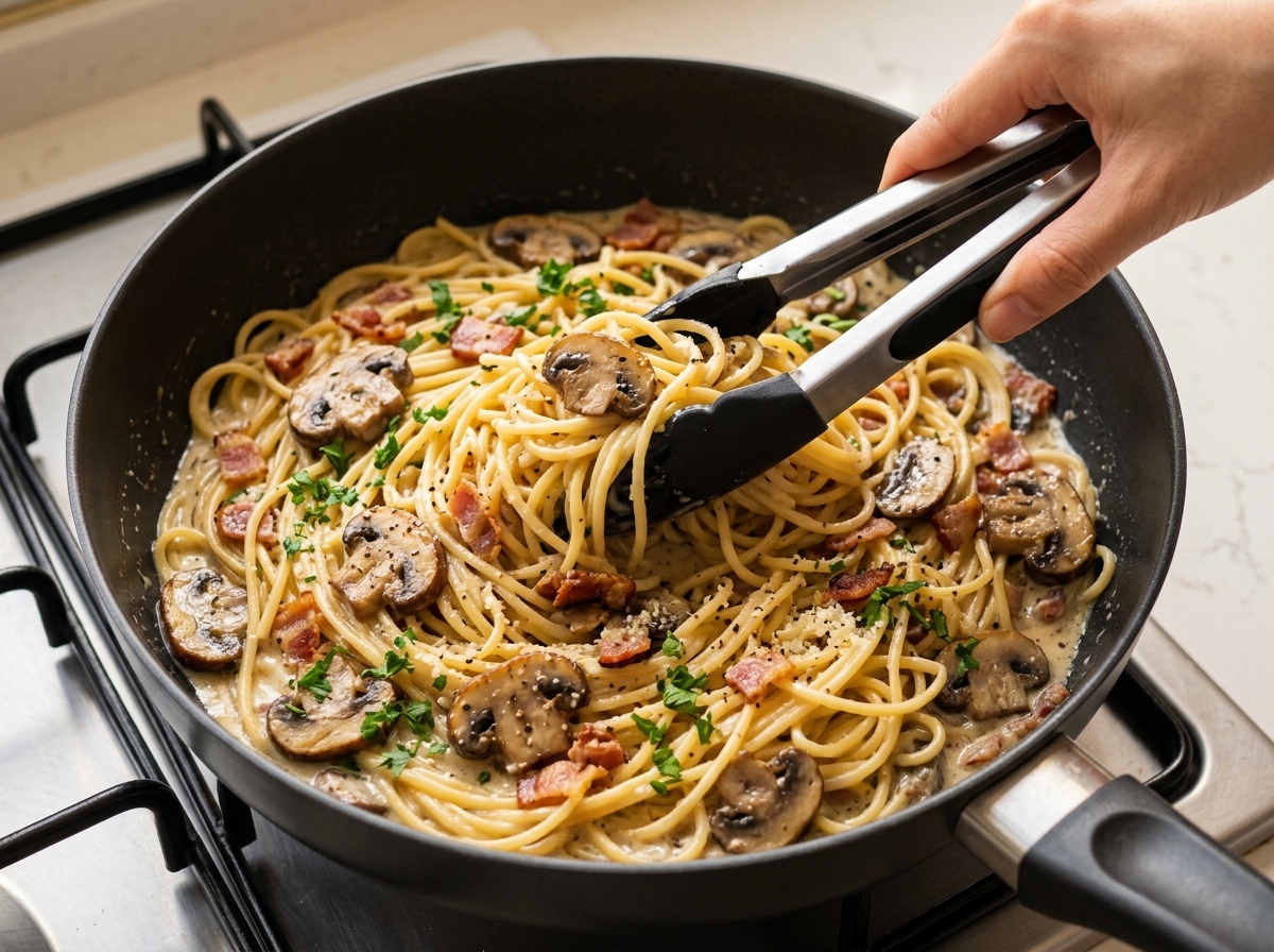 Mieszanie spaghetti z sosem, grzybami i boczkiem na czarnej patelni.