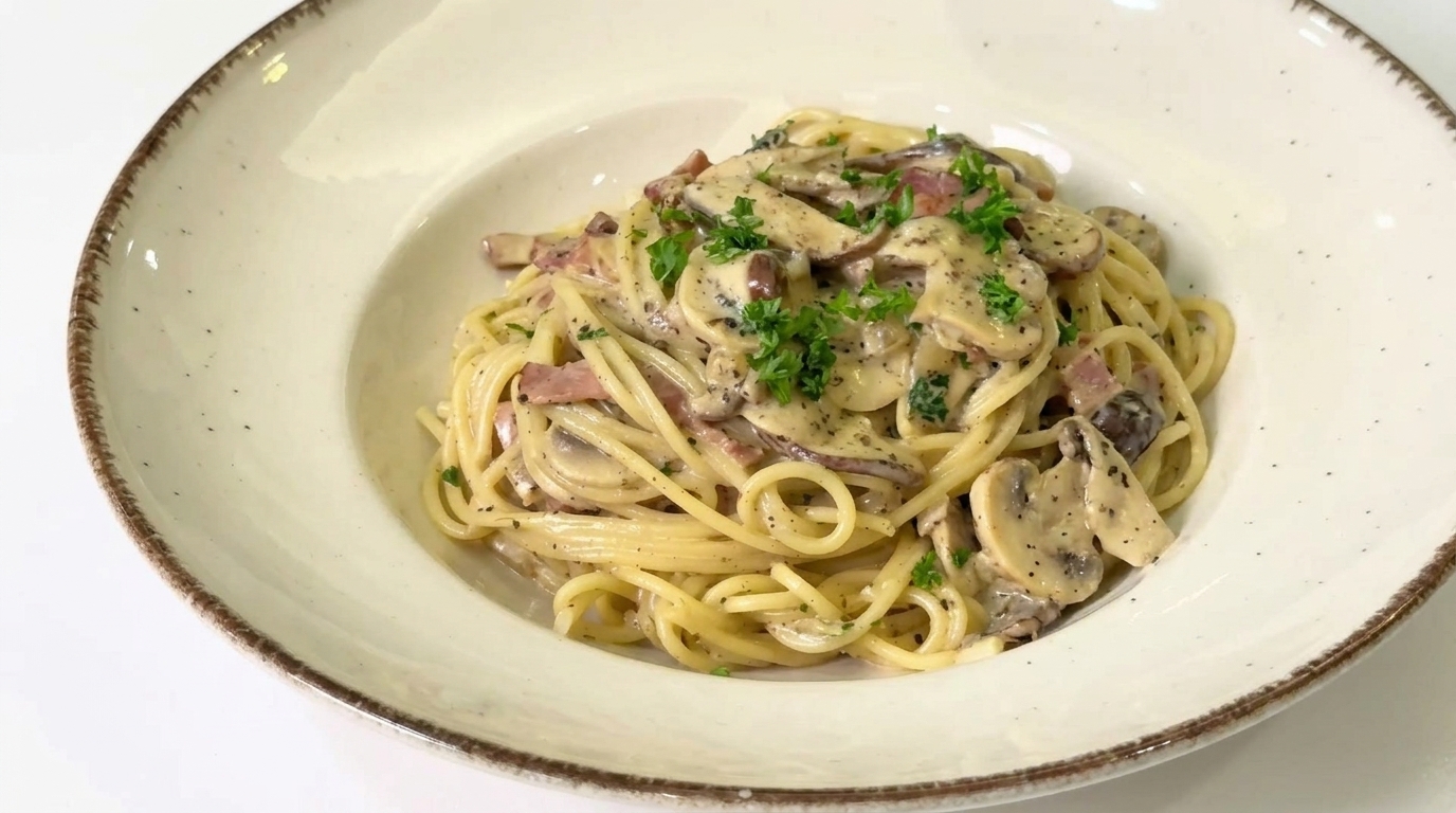 Elegancki talerz kremowego spaghetti z czarną truflą, kawałkami boczku, grzybami i świeżą pietruszką.