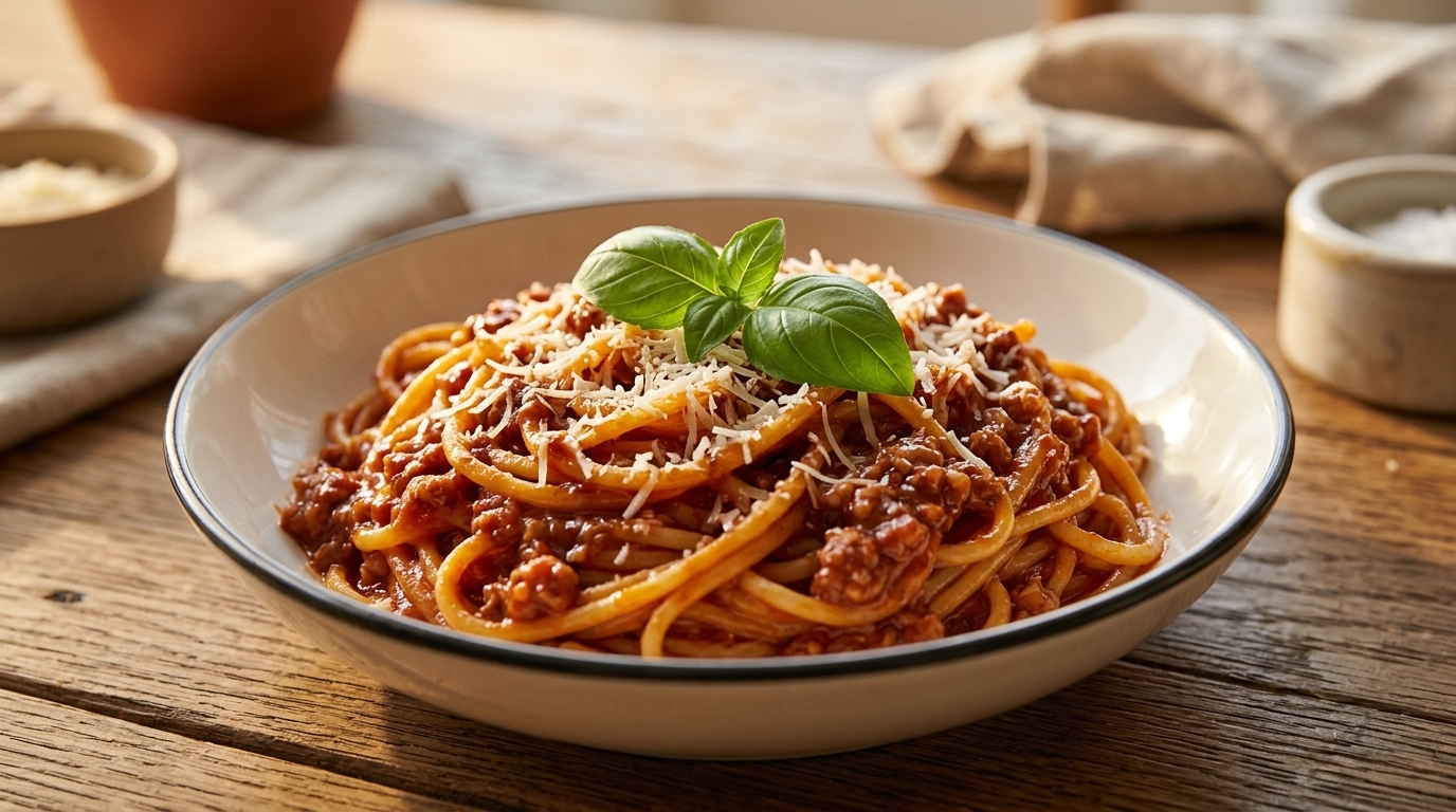 Apetyczna porcja spaghetti obficie polana gęstym sosem pomidorowo-mięsnym i udekorowana świeżymi ziołami.