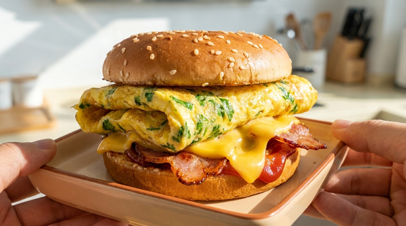 Zdrowy burger śniadaniowy w 10 minut z omletem ziołowym i boczkiem