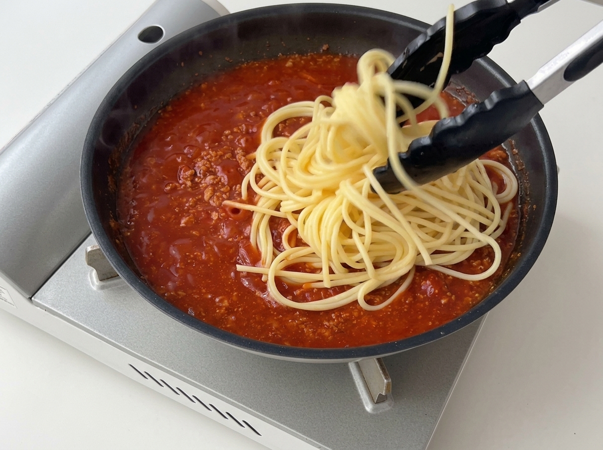 Czarne szczypce wrzucające ugotowany makaron spaghetti na patelnię z gęstym sosem.