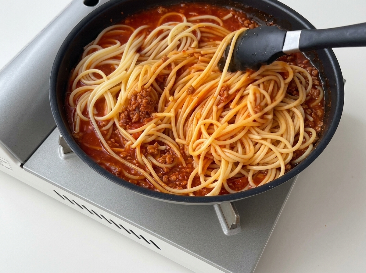 Czarne narzędzie kuchenne mieszające spaghetti w gęstym, czerwonym sosie wołowym na patelni.