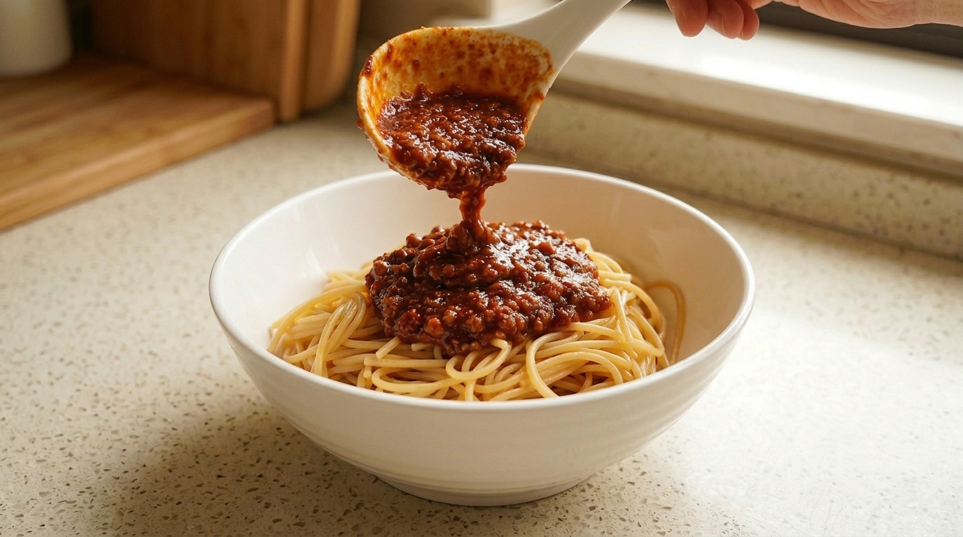 Spaghetti z mięsnym sosem pomidorowym w stylu azjatyckim