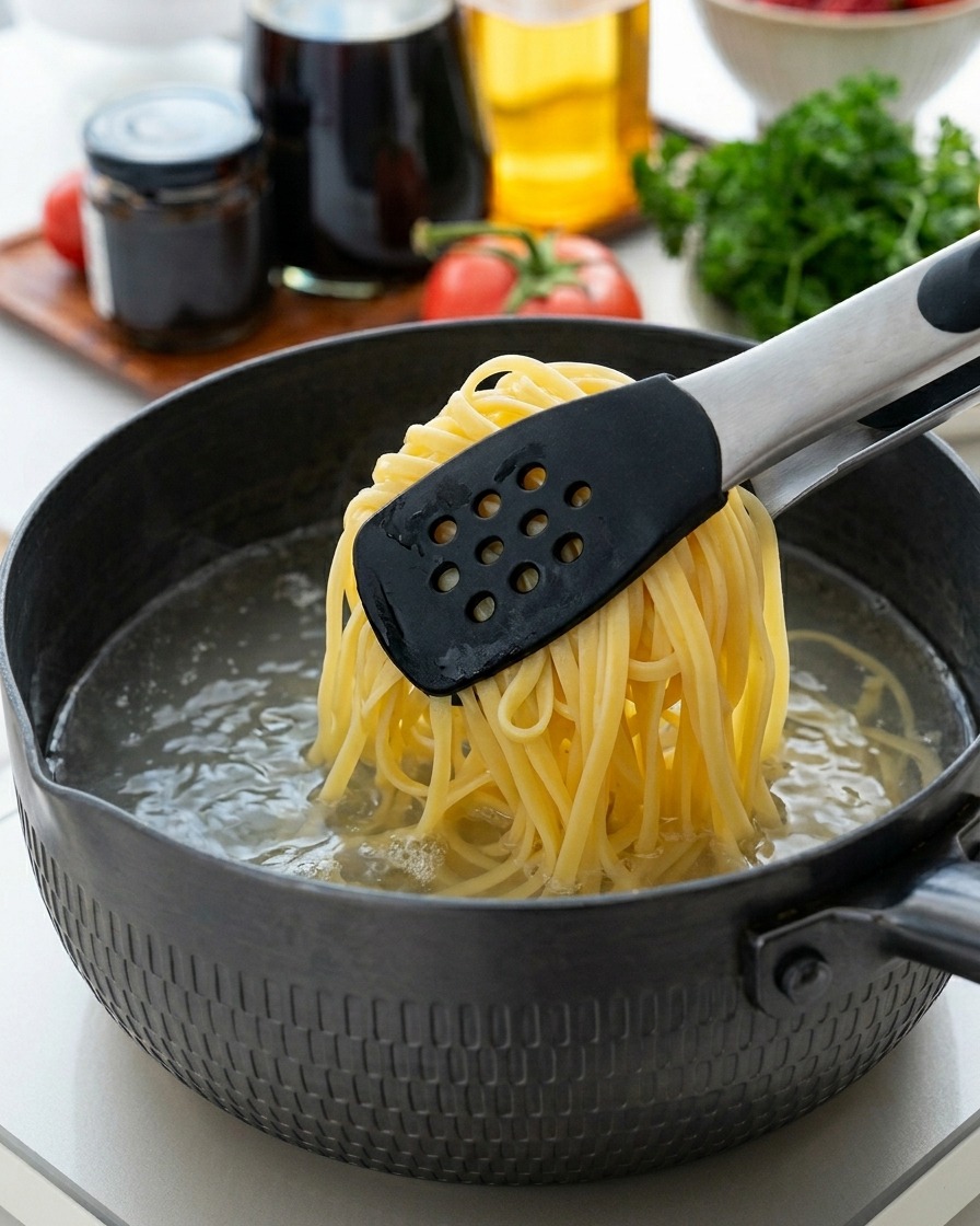 Czarne szczypce wyjmujące dymiący, ugotowany makaron spaghetti z garnka z wrzącą wodą.