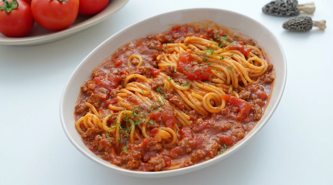 Bogate spaghetti z pomidorami, mieloną wołowiną i czarną truflą