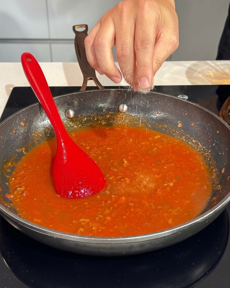 Dłoń sypiąca szczyptę grubej soli do bulgoczącego czerwonego sosu bolognese.