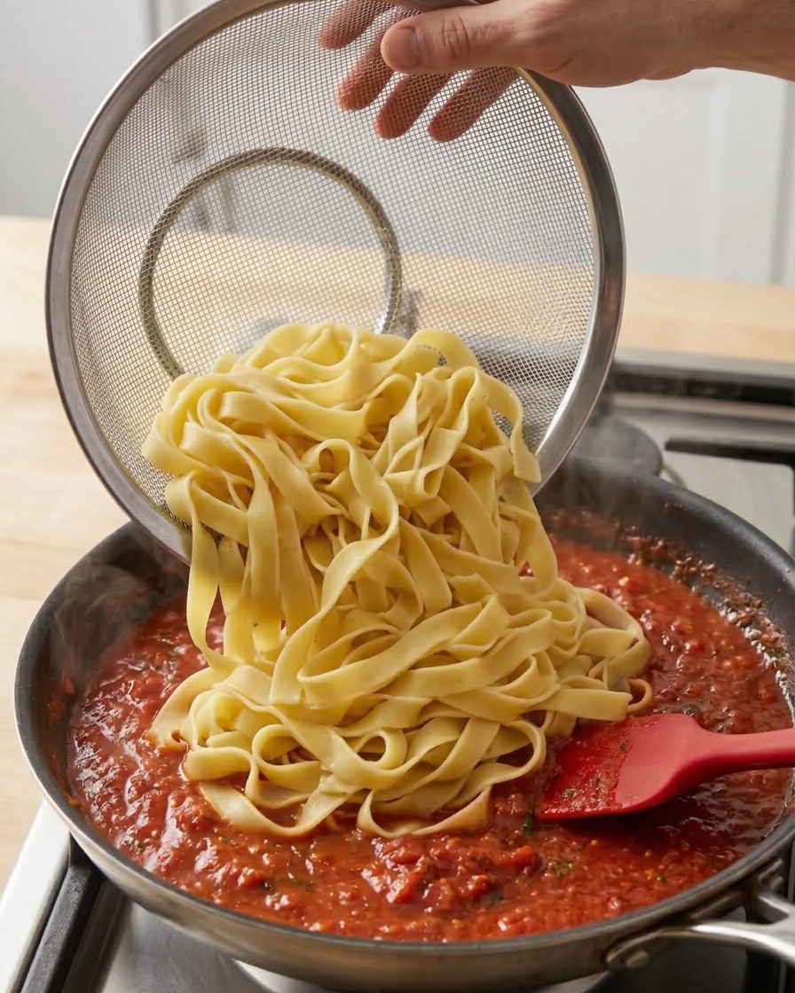 Dłoń trzymająca sitko i wsypująca gorący makaron bezpośrednio do patelni z sosem bolognese.