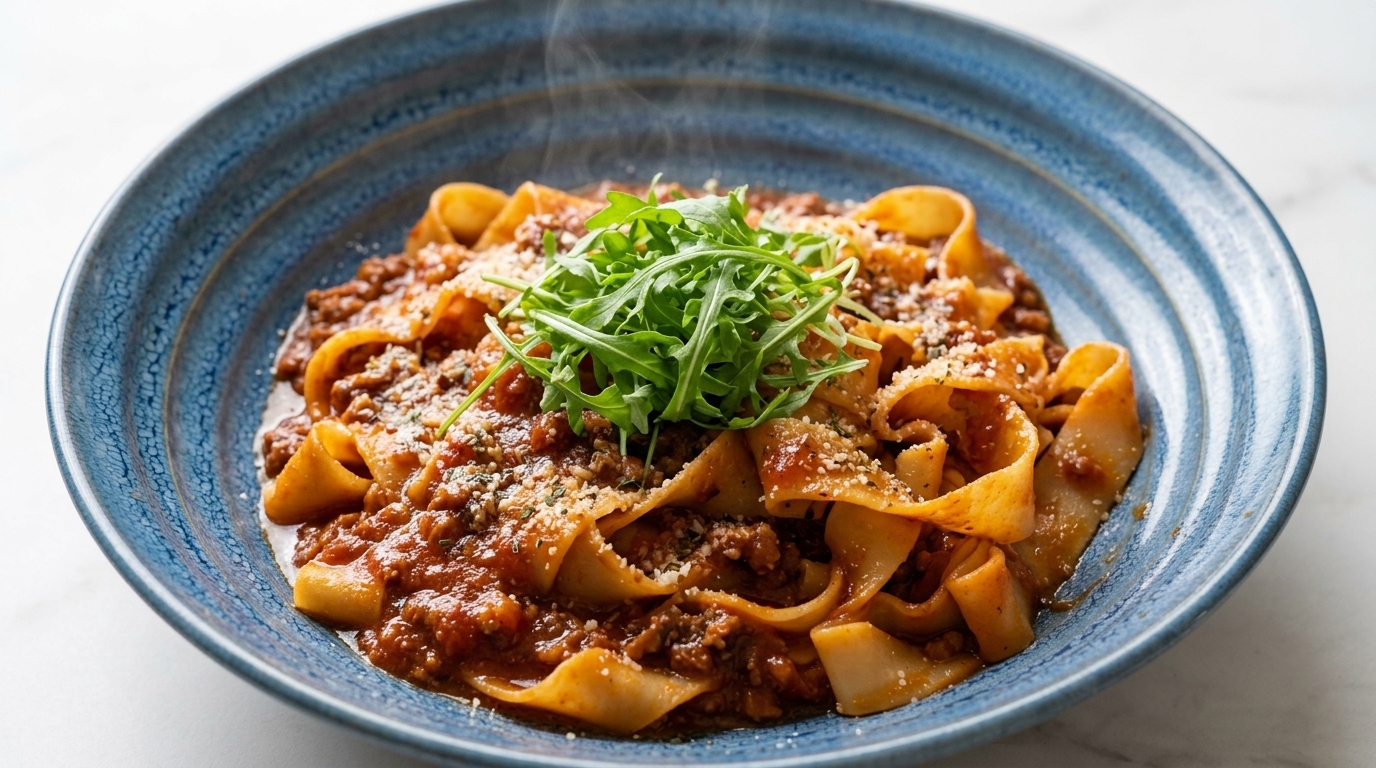 Ciepła miska makaronu pappardelle otulonego gęstym sosem mięsnym, udekorowana parmezanem i świeżą rukolą.