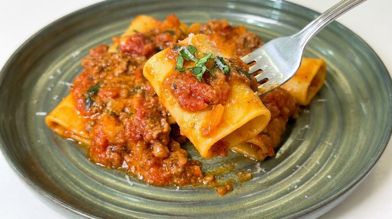 Pożywny makaron paccheri z gęstym sosem mięsno-pomidorowym