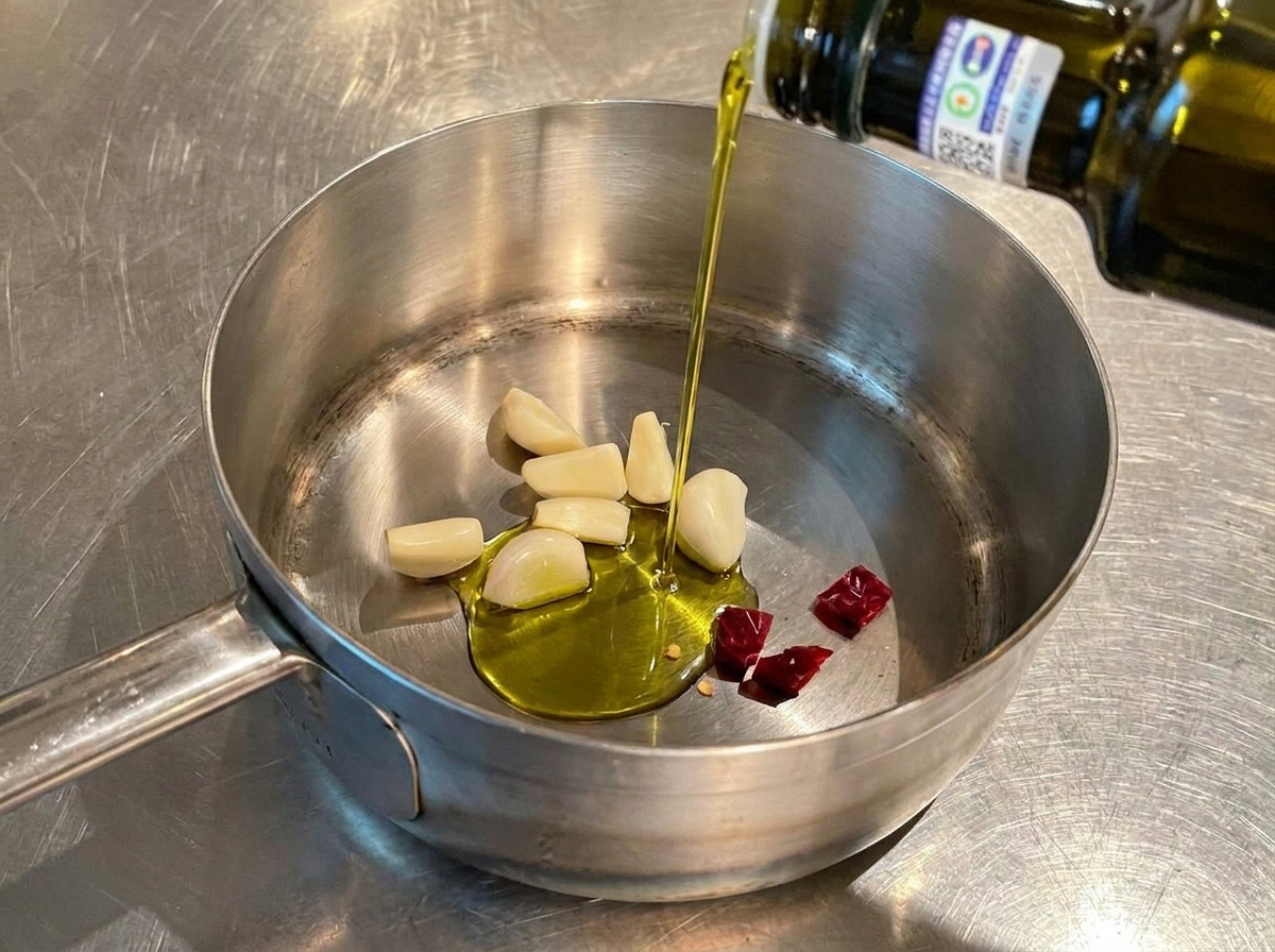 Strumień zielonej oliwy z oliwek extra virgin wlewany z butelki do małego garnka z czosnkiem i chili.