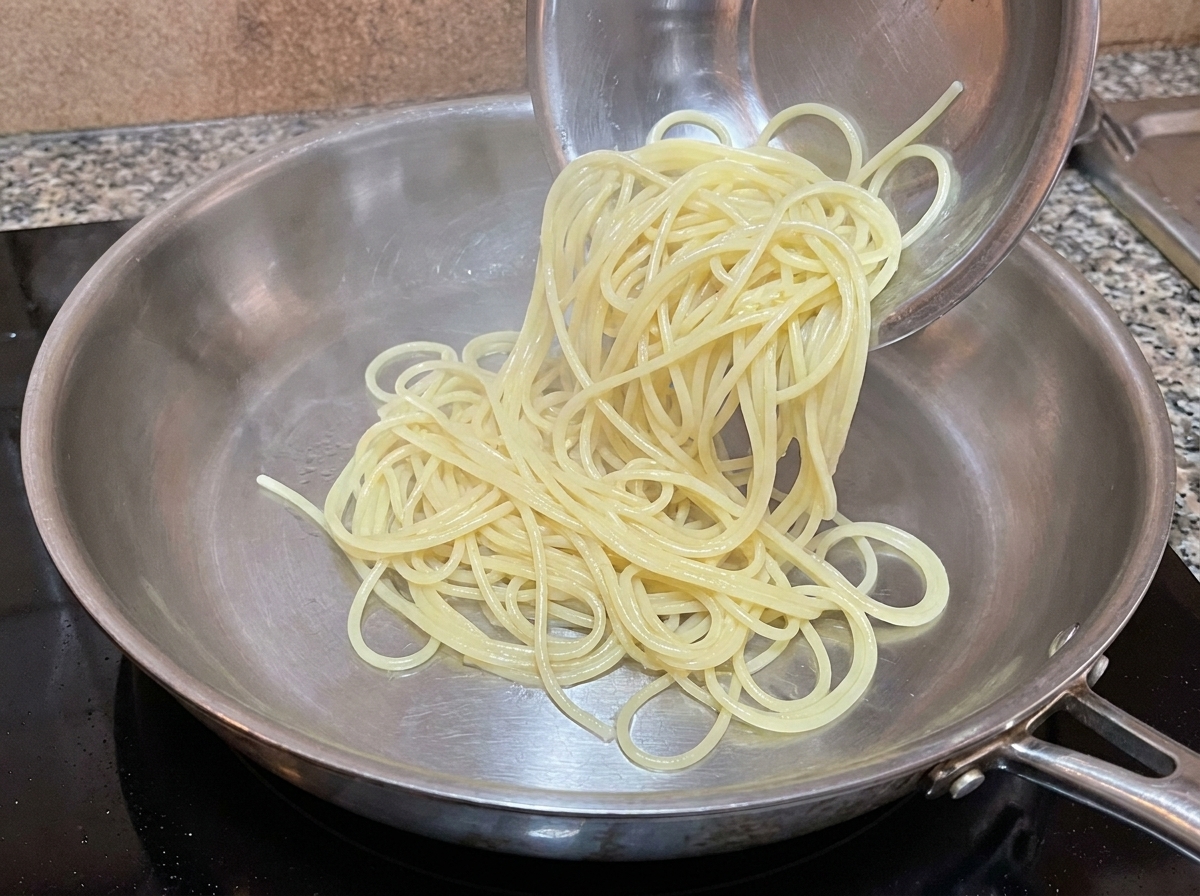 Ugotowane spaghetti przekładane bezpośrednio z naczynia na patelnię z sosem.