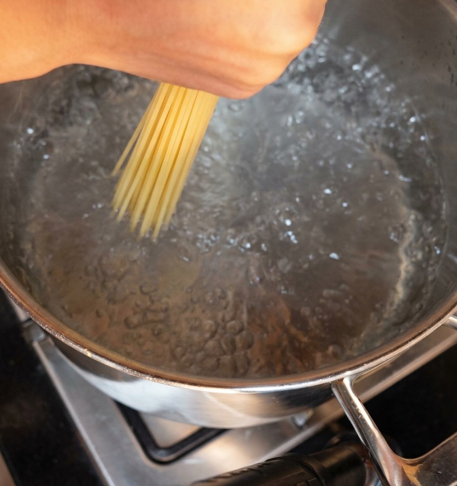 Ręka ostrożnie wkładająca pęczek suchego makaronu spaghetti pionowo do garnka z mocno wrzącą wodą.