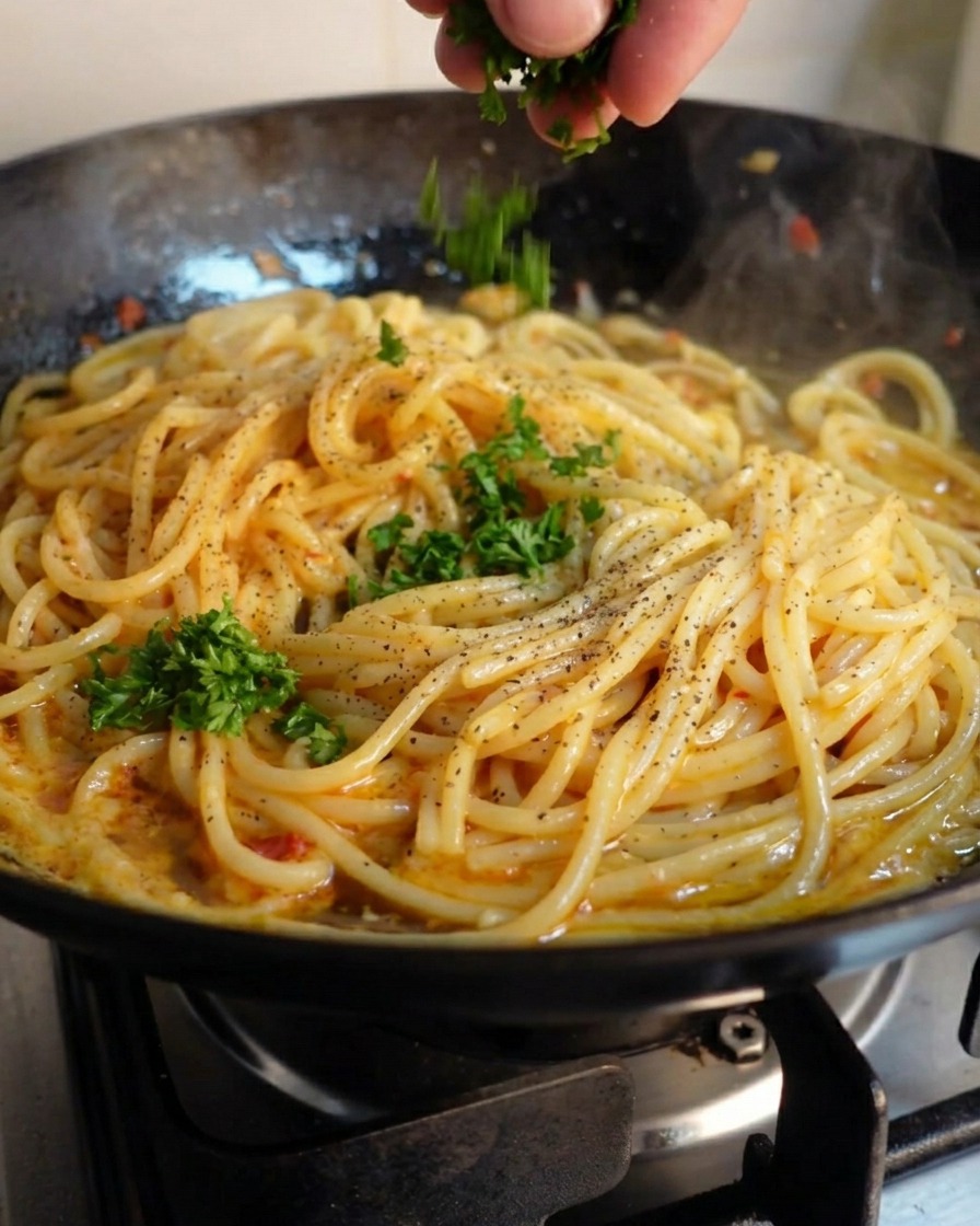 Ręka posypująca parujące spaghetti posiekaną świeżą zieloną natką pietruszki.