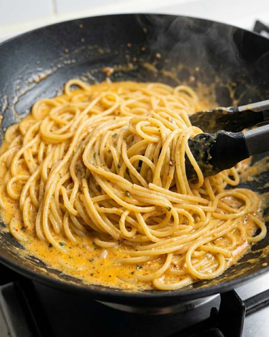 Szczypce unoszące i mieszające spaghetti na ciemnej patelni, aby połączyć zioła z sosem.