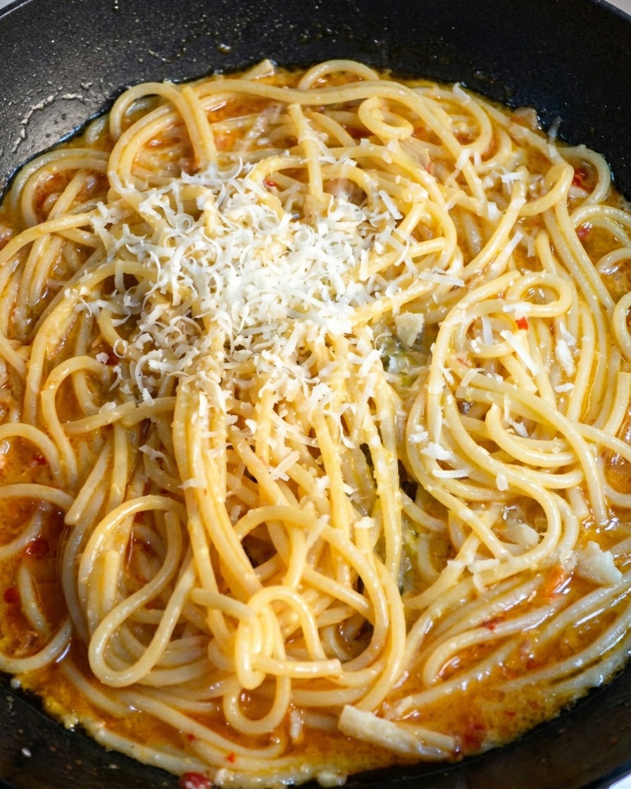 Świeżo starty parmezan spoczywający na wierzchu ciepłego spaghetti na patelni.
