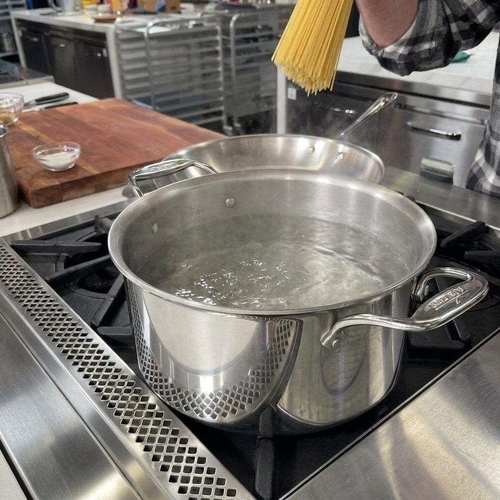 Garść suchego makaronu spaghetti wrzucana do garnka z wrzącą, osoloną wodą.