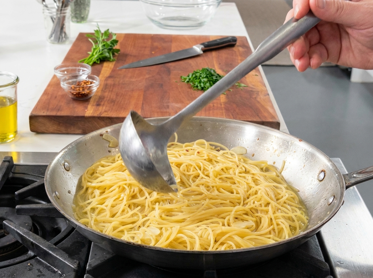 Dolewanie kolejnej porcji wody z makaronu do lśniącego spaghetti na patelni.