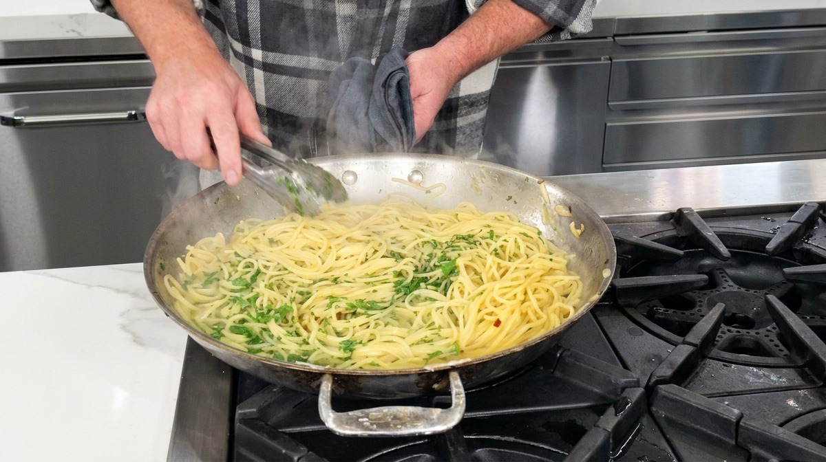 Mieszanie spaghetti z pietruszką szczypcami na patelni nad kuchenką gazową.