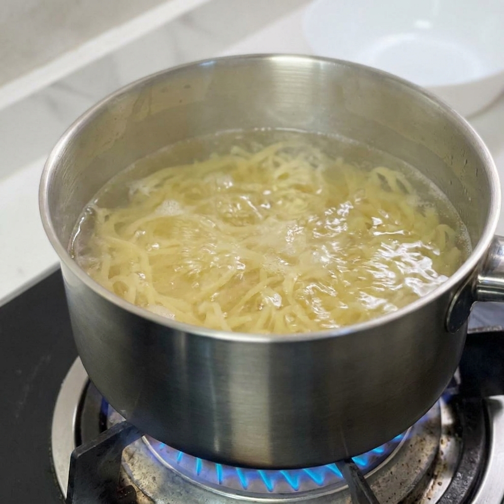 Mięknący makaron spaghetti w garnku ze stali nierdzewnej z intensywnie gotującą się wodą.