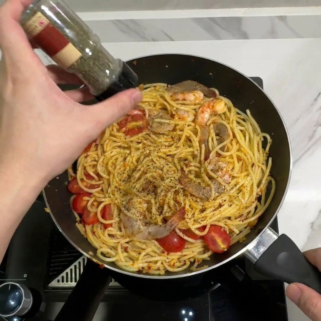Dłoń sypiąca suszoną pietruszkę ze szklanego słoiczka na ugotowane spaghetti, krewetki i pomidorki na patelni.