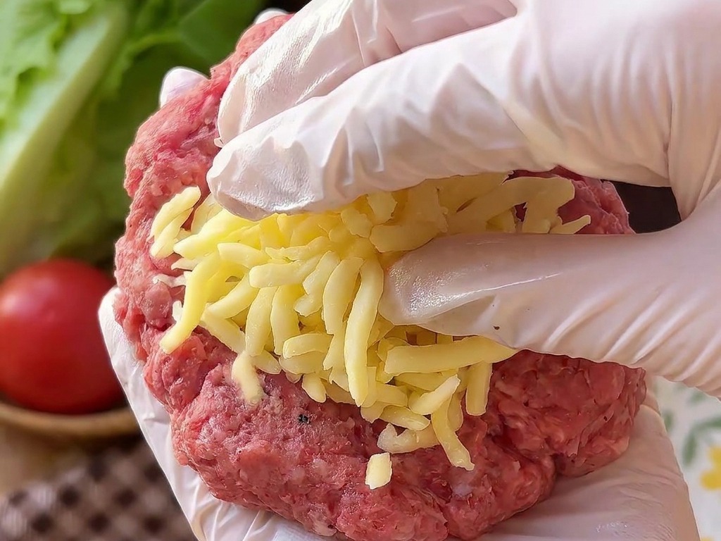 Dłoń w białej rękawiczce trzymająca krążek mięsa z górką tartego sera cheddar na środku.
