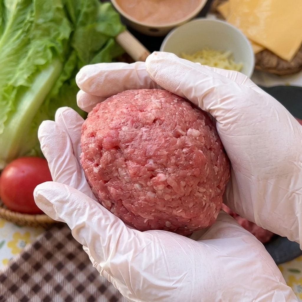 Dwie dłonie ostrożnie formujące okrągły kotlet wołowy, aby całkowicie ukryć ser w środku.