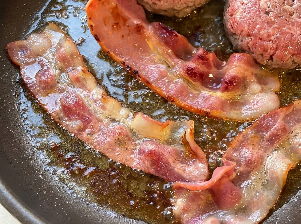 Zbliżenie na plastry boczku skwierczące na patelni obok burgerów.