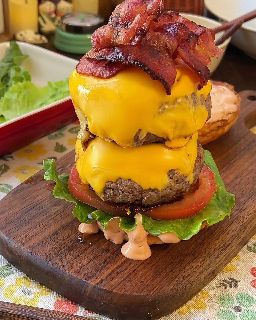 Wysoki burger składany na drewnianej desce z warstwami sałaty, pomidora i dwóch kotletów.