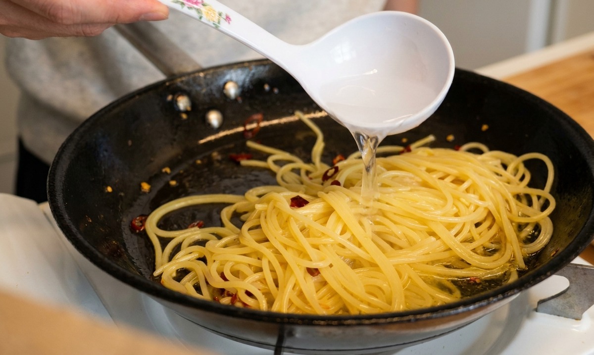 Dłoń wlewająca chochlę wody po makaronie na patelnię wypełnioną spaghetti, czosnkiem, chili i oliwą.