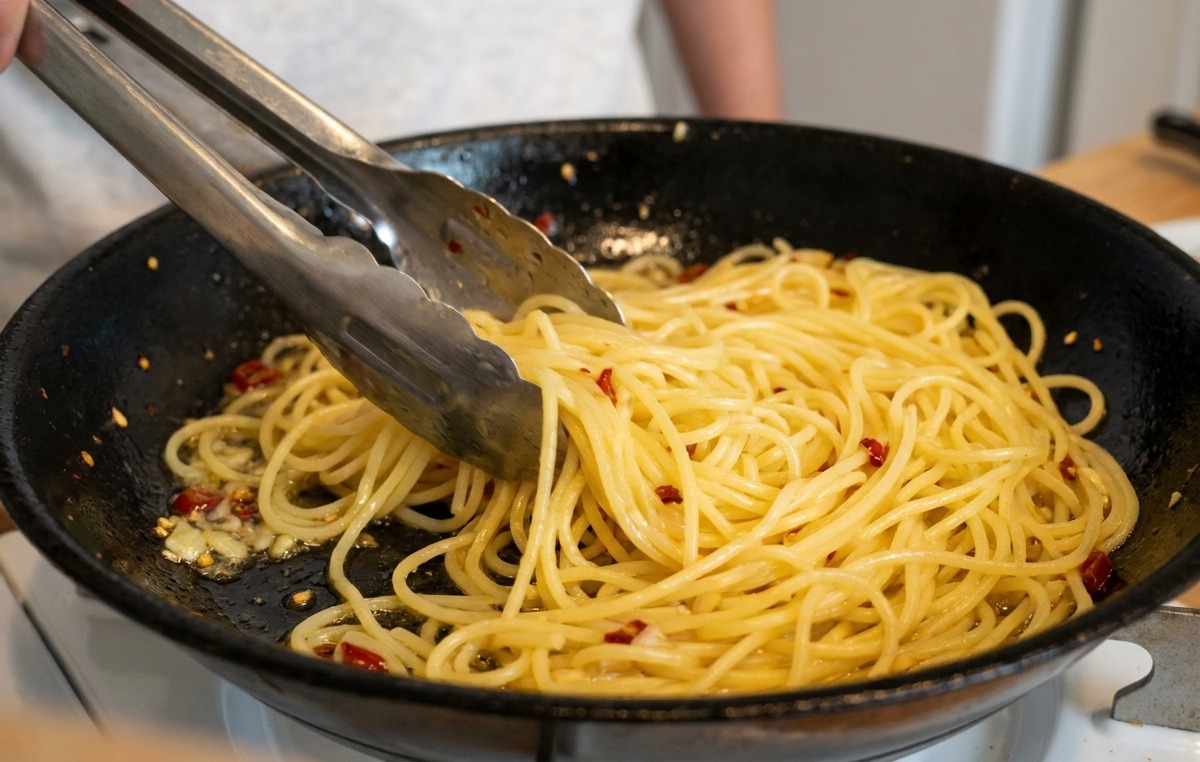 Metalowe szczypce mieszające spaghetti na patelni z oliwą i chili, tworząc błyszczący sos.