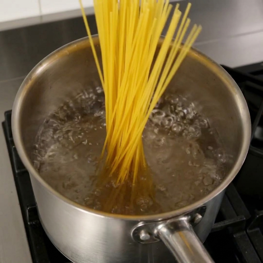 Wiązka suchego makaronu spaghetti wkładana do garnka z intensywnie wrzącą wodą.