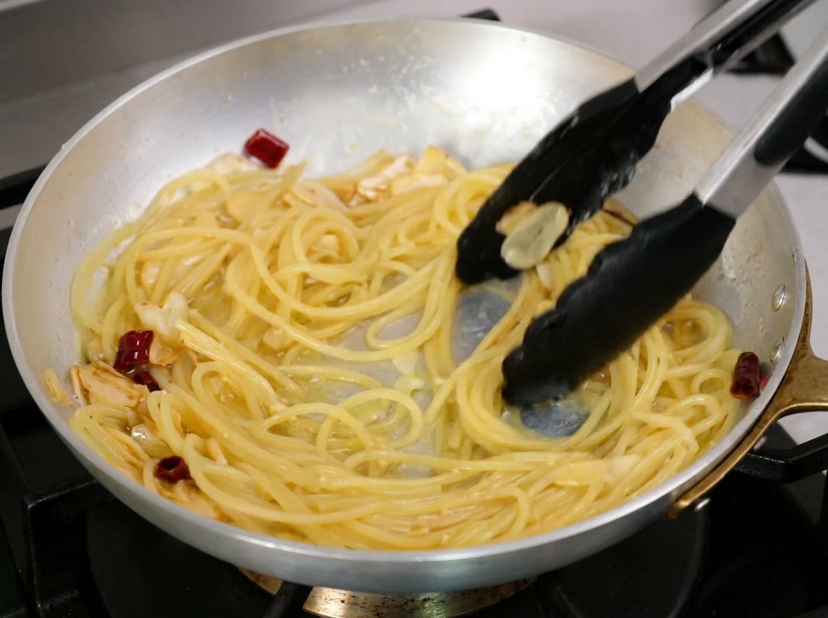 Energiczne mieszanie spaghetti na patelni przy użyciu czarnych szczypiec kuchennych.