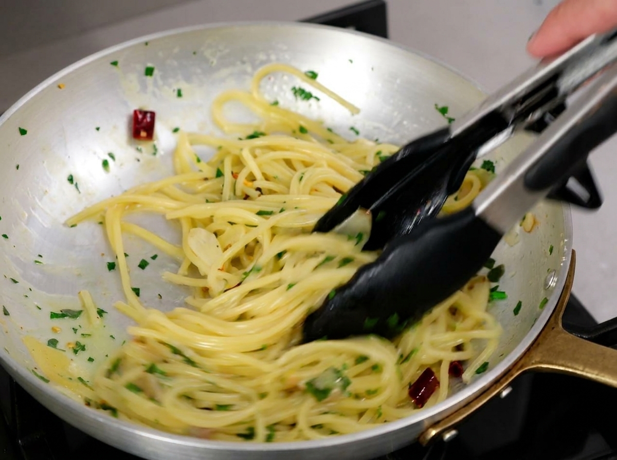 Zwinięta porcja ugotowanego spaghetti w płytkiej misce z ziołami i plasterkami prażonego czosnku.