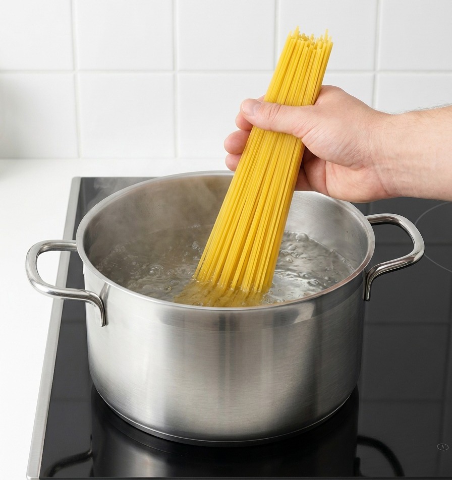 Dłoń wkładająca wiązkę suchego makaronu spaghetti do garnka z wrzącą wodą.