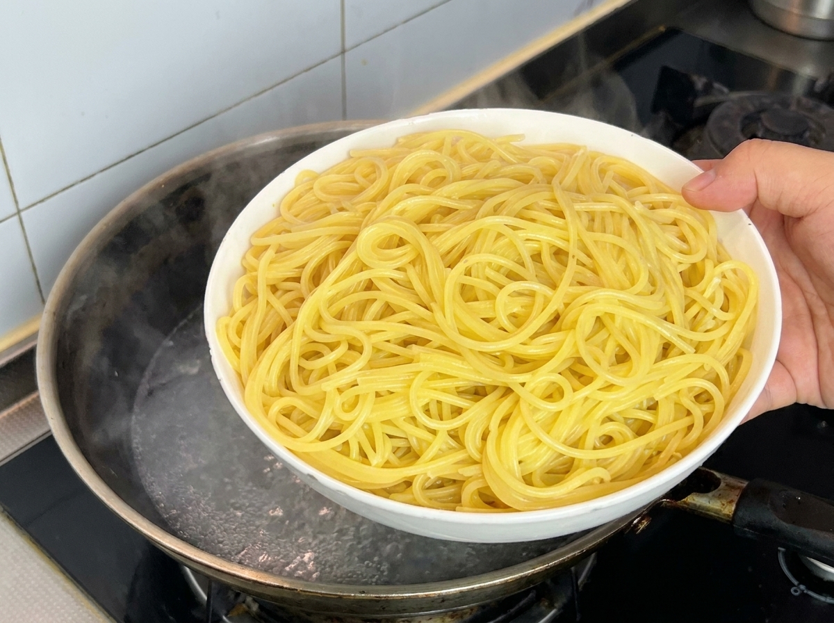Dłoń trzymająca białą miskę z ugotowanym spaghetti nad parującym garnkiem wody.