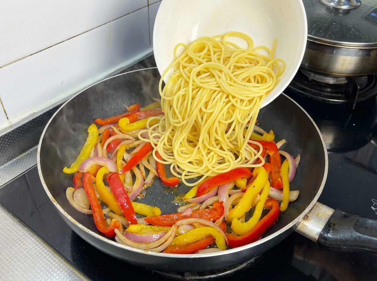Ugotowany makaron spaghetti przesypywany z białej miski na patelnię z papryką i cebulą.