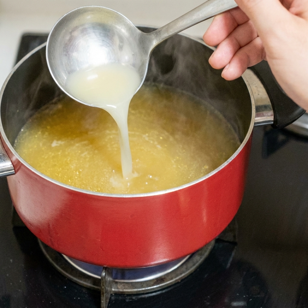 Dłoń sypiąca łyżkę soli do czerwonego garnka z gotującym się spaghetti.
