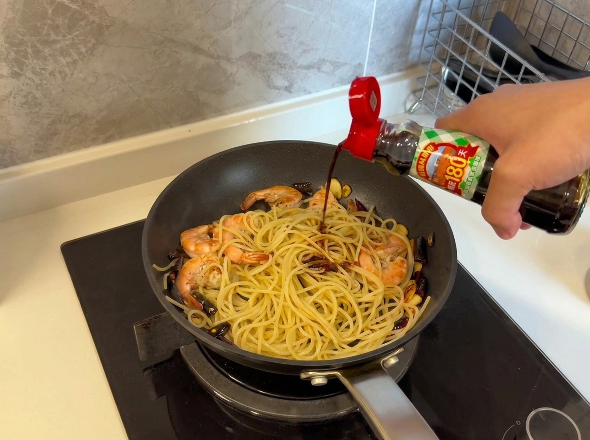 Jasny sos sojowy wlewany z butelki na spaghetti i krewetki na patelni.