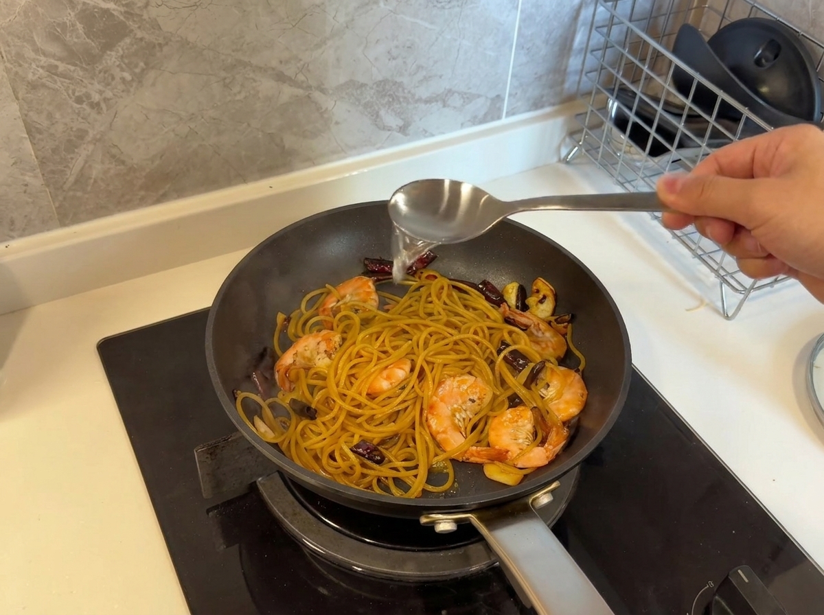 Metalowa łyżka wlewająca mętną wodę z gotowania makaronu do patelni ze spaghetti z krewetkami.