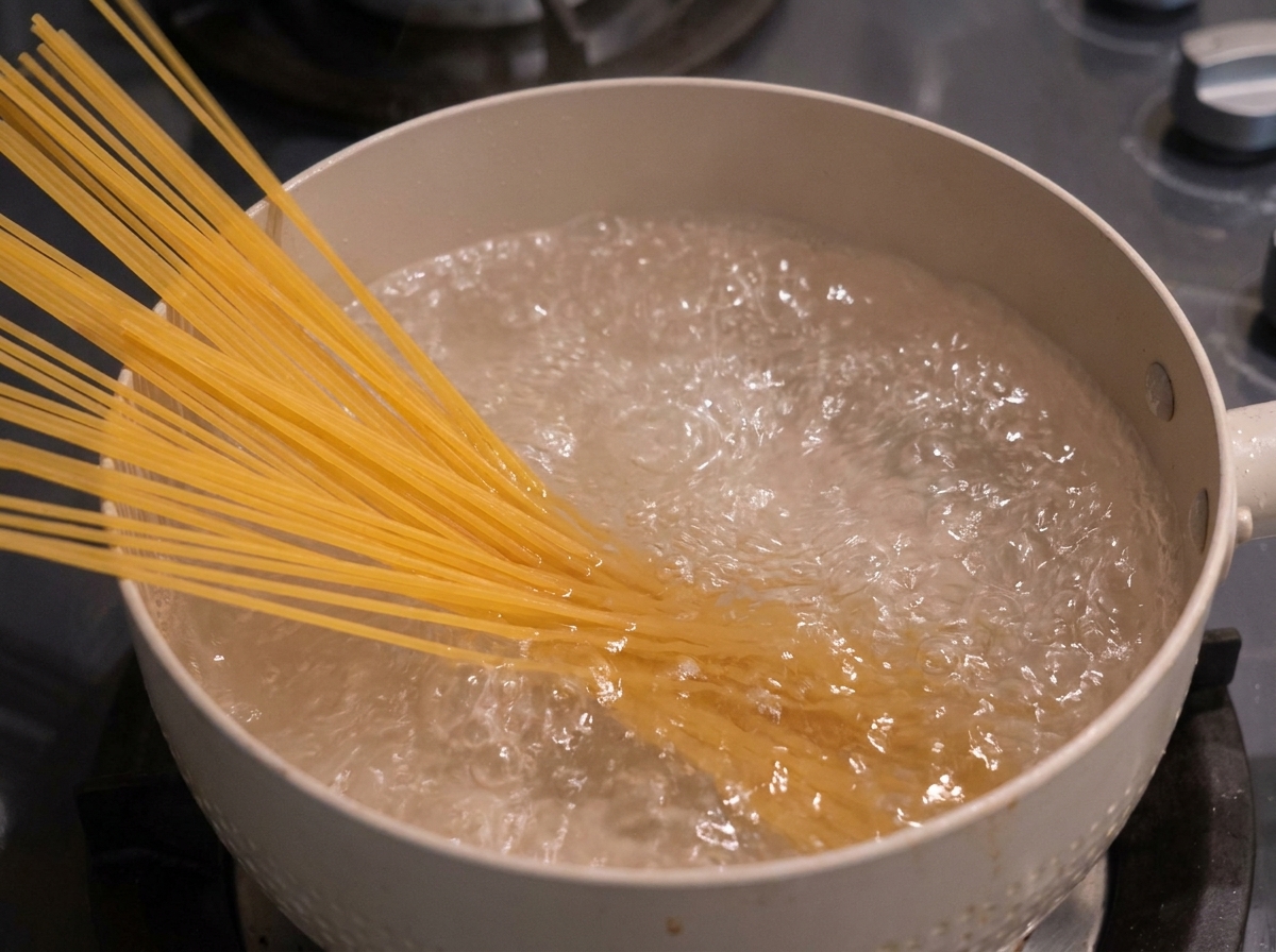 Suchy makaron spaghetti zanurzony w garnku z gotującą się, bulgoczącą wodą.