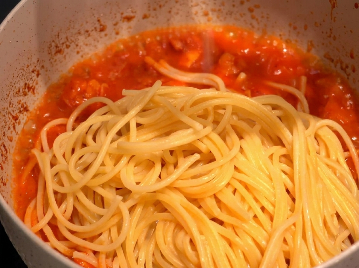 Świeżo ugotowany makaron spaghetti leżący na bulgoczącym czerwonym sosie z krewetkami w garnku.