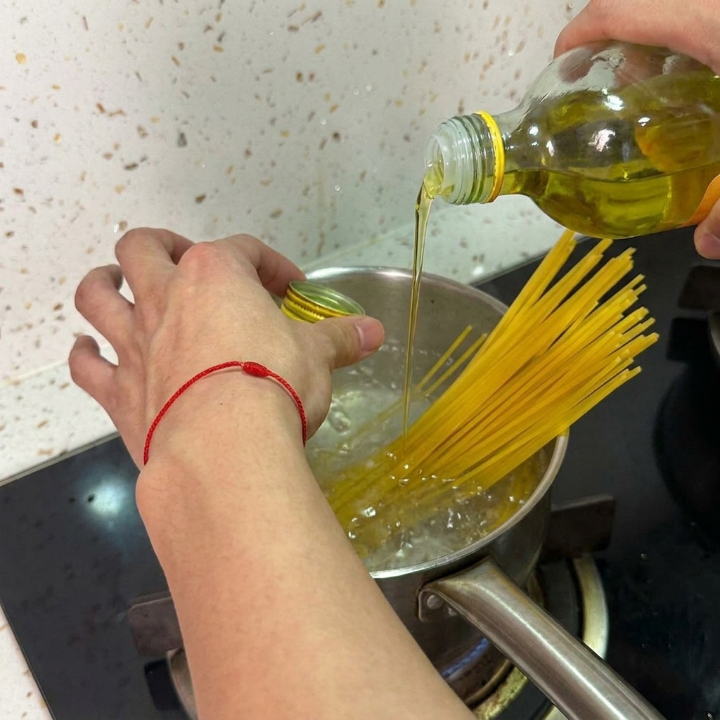 Dłoń wlewająca złotą oliwę z butelki do garnka z gotującym się spaghetti.