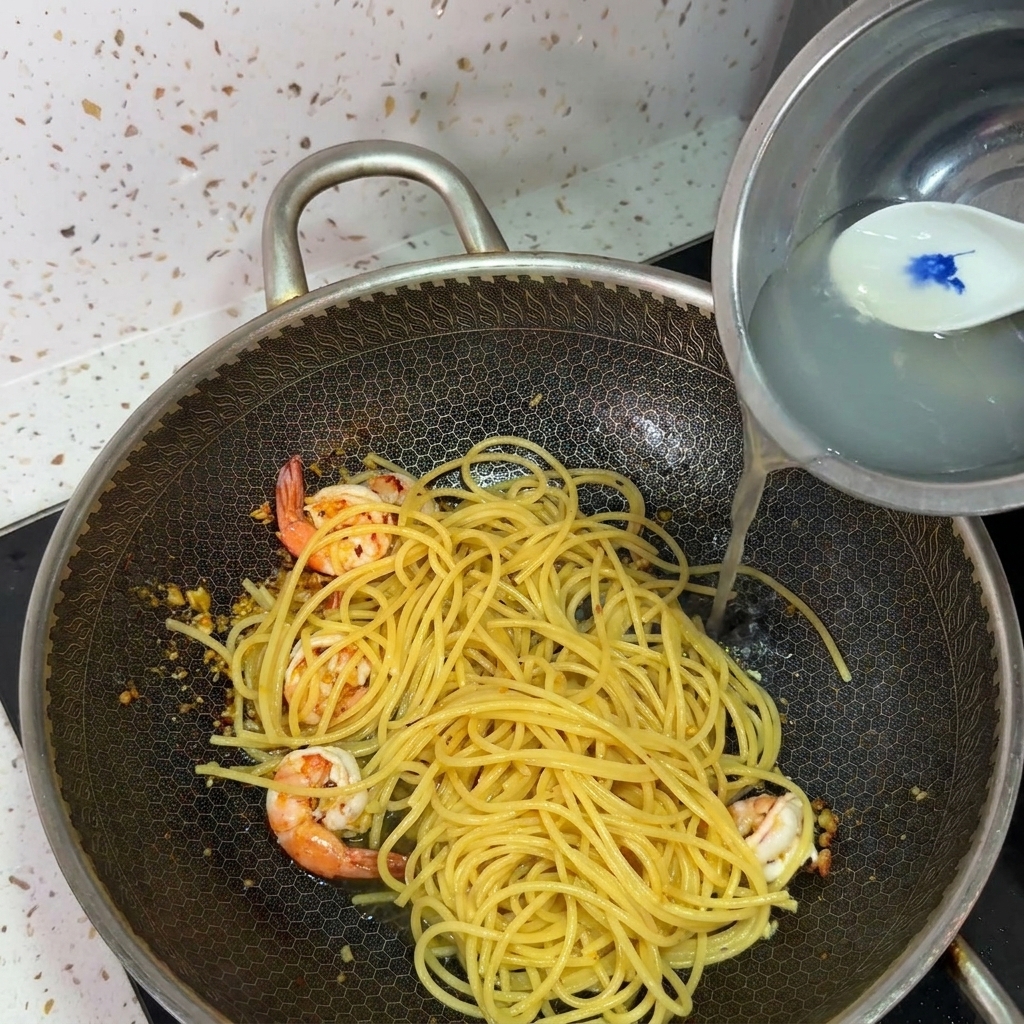 Wlewanie mętnej wody z gotowania makaronu do woka ze spaghetti i krewetkami.