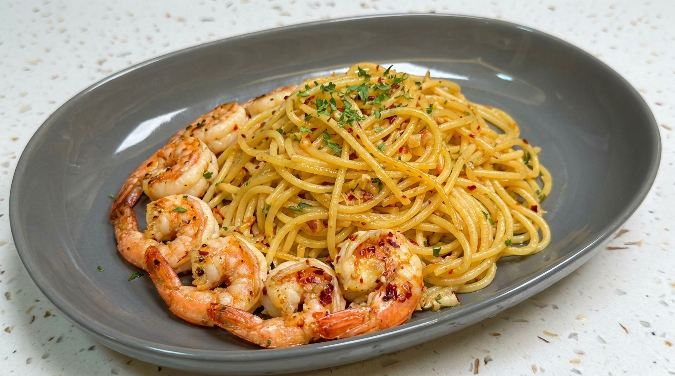 Aglio Olio z owocami morza i krewetkami na maśle czosnkowym