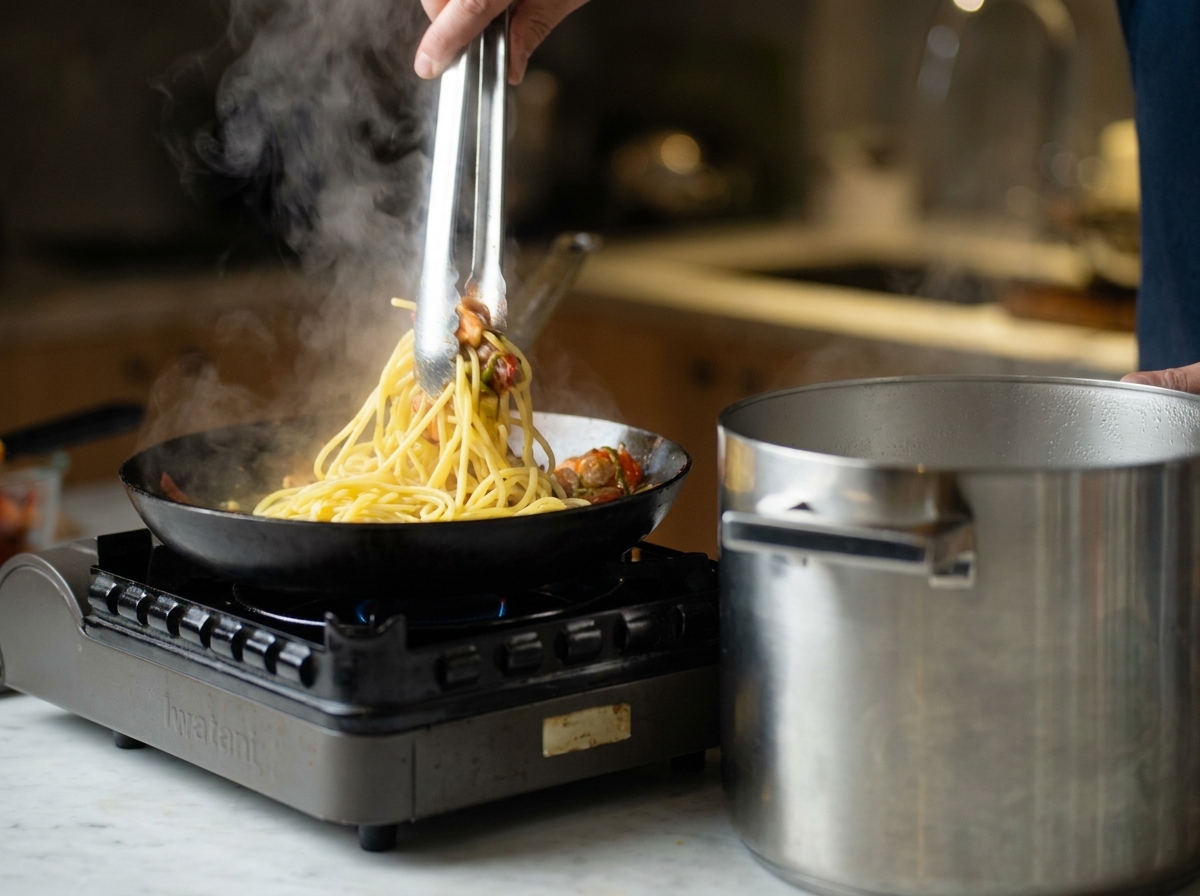 Metalowa chochla wlewająca mętną wodę z gotowania na patelnię ze spaghetti.