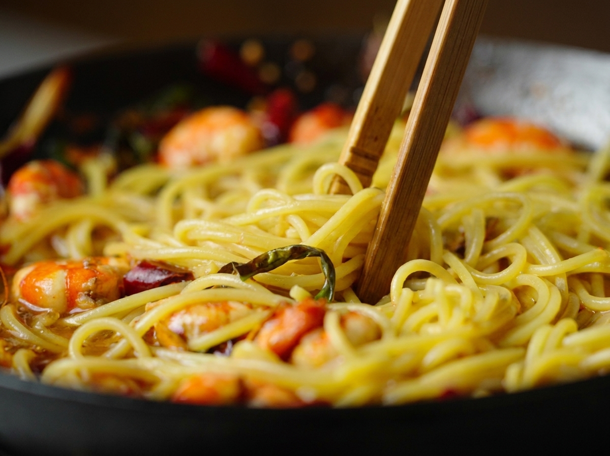 Drewniane pałeczki mieszające spaghetti z krewetkami i chili na patelni.