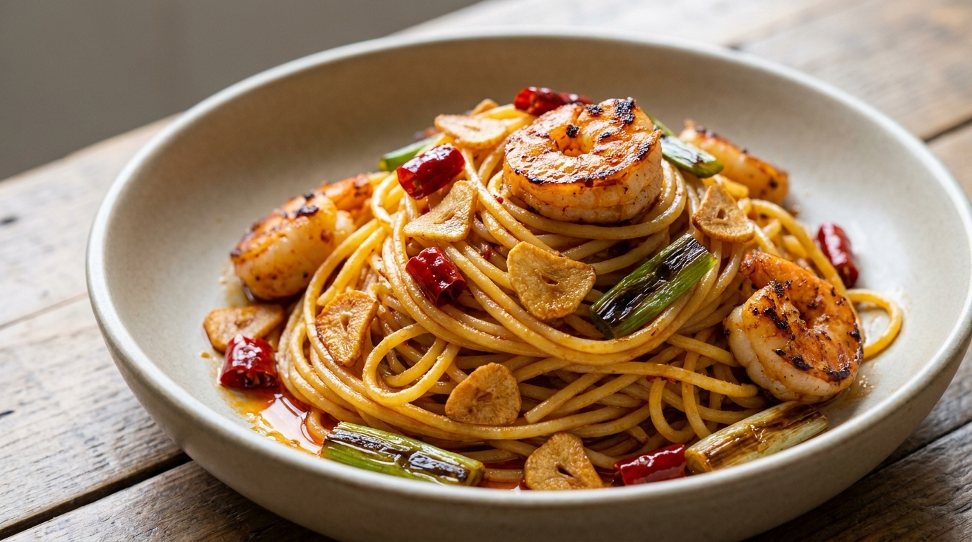 Spaghetti z olejem krewetkowym, czosnkiem i opiekaną dymką