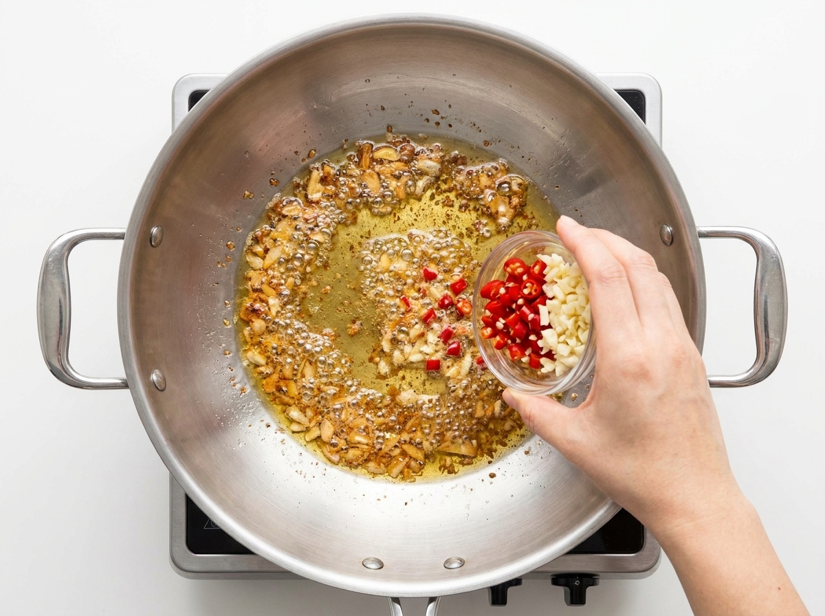 Czosnek i chili mieszane na patelni z aromatyzowaną oliwą.