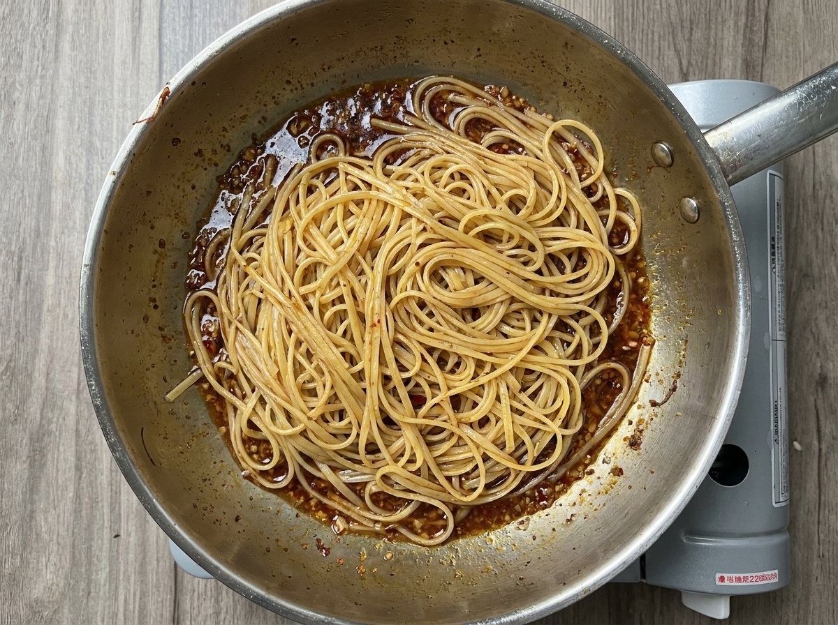 Ugotowany makaron linguine łączony z sosem na patelni ze stali nierdzewnej.