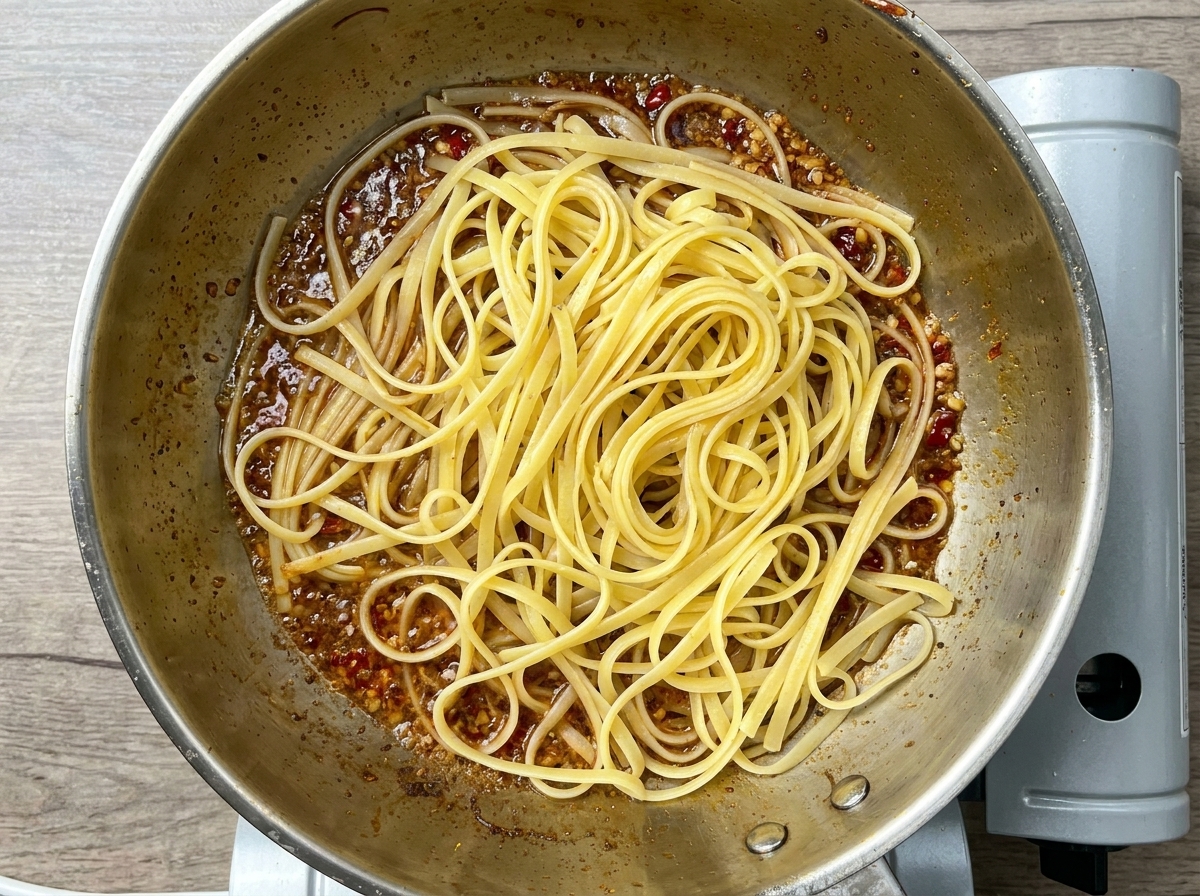 Makaron linguine odpoczywający w sosie czosnkowym na patelni.